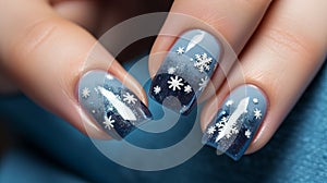 Manicure with snowflakes on nails with colored gel on a square shaped nails. Christmas festive nail art, Nail Paint, Nail Polish