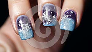 Manicure with snowflakes on nails with colored gel on a square shaped nails. Christmas festive nail art, Nail Paint, Nail Polish