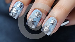 Manicure with snowflakes on nails with colored gel on a square shaped nails. Christmas festive nail art, Nail Paint, Nail Polish