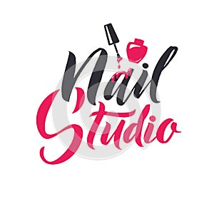 Manicure Studio. Nail Master Logo Beauty Vector Lettering. Custom Handmade Calligraphy. Vector Illustation