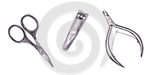 Manicure tool set. Scissors, nail clipper and nipper. Pedicure steel accessories for cutting nails. Top view. Watercolor photo