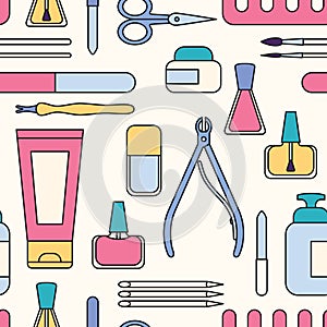 Manicure tools and accessories. A set of elements on the topic of nail manicure. Seamless pattern. Vector