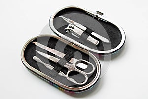 Manicure tools.in a case on white background