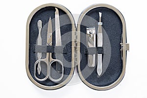 Manicure tools in a case on white background