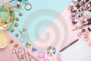 Manicure - tools for creating, gel polishes, everything for nail care, beauty and care concept. Banner for inscriptions salon.