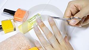 Manicure. Trim your nails. Cut. Shorten long nails. Home nail care, Spa, beauty. Procedure, nail salon