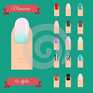 Manicure types. Nail design, art vector set. Trendy styles and polish