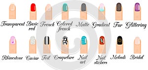 Manicure types. Nail design, nail art vector set. Trendy manicure styles and polish