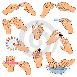 Manicure vector manicured hands and manicuring fingernails with nail file or scissors by manicurist in nail bar photo