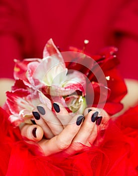 Manicured cupped hands holding flowers