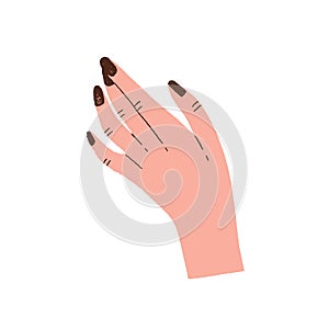 Manicured elegant woman hand isolated on white background. Concept of elegance, femininity and beauty. Flat vector