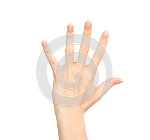 Manicured female hand gesture number five fingers up