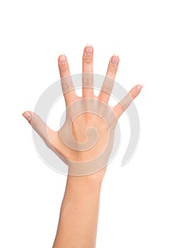 Manicured female open hand gesture number five fingers up