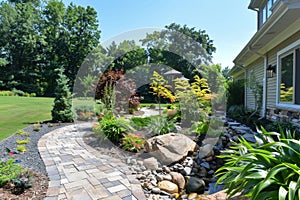 Manicured garden with pebble path and greenery