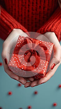 Manicured gesture Womans hands delicately hold a red gift