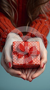 Manicured gesture Womans hands delicately hold a red gift