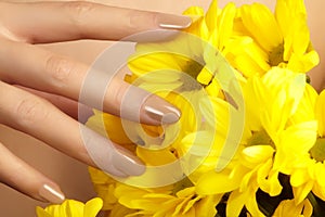 Manicured nails with natural nail polish. Manicure with beige nailpolish. Fashion manicure. Shiny gel lacquer. Spring