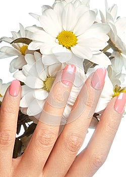 Manicured nails with natural nail polish. Manicure with pink nailpolish. Fashion manicure. Shiny gel lacquer. Spring photo