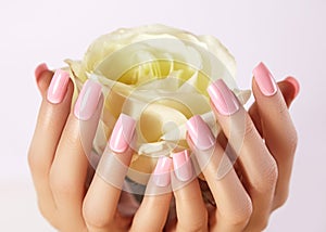 Manicured nails with pink nail polish. Manicure with nailpolish. Fashion art manicure, gel lacquer. Acrylic nails salon