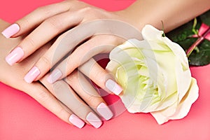 Manicured nails with pink nail polish. Manicure with nailpolish. Fashion art manicure, shiny gel lacquer. Nails salon photo