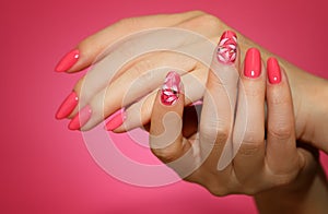 Manicured woman`s nails with pink nailart with flowers.