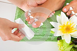 Manicurist filing a female nails