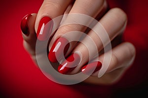 a manicurist in red with hand with red nail polish