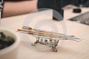 Manicurist`s hand tools on a beautiful decorative stand