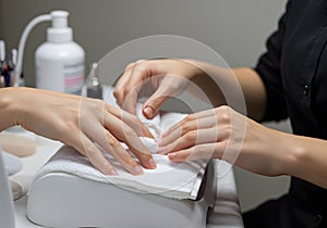 Manicurist working on clients hands photo