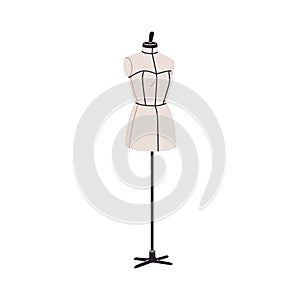 Manikin, dressmaking sewing dummy. Tailors dress form. Fabric mannequin on stand, base. Women figure manequin, torso