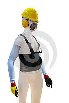 Manikin model operator wear industrial personal safety equipment such as helmet  safety mask armband earplug muff glasses back