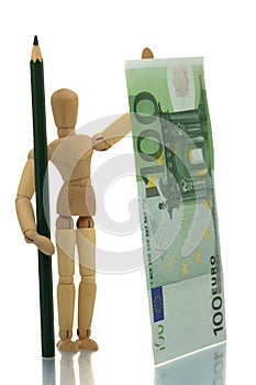 Manikin with pencil and money