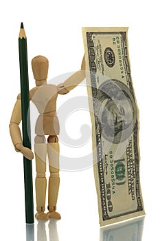 Manikin with pencil and money