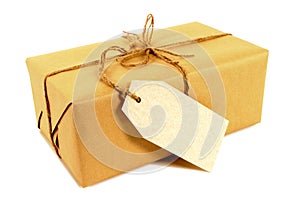 Manila label, brown paper package tied with string, isolated