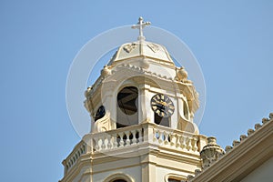 Minor Basilica of the Black Nazarene or also known as Quiapo church bell tower facade in Manila, Philippines