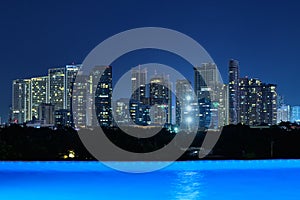 Manila, Philippines - Feb 02, 2020. View of the night city of Manila from the pool of the luxury five-star Discovery Primea hotel