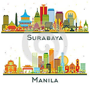 Manila Philippines and Surabaya Indonesia Skyline set with Color Buildings isolated on white. Cityscape with Landmarks