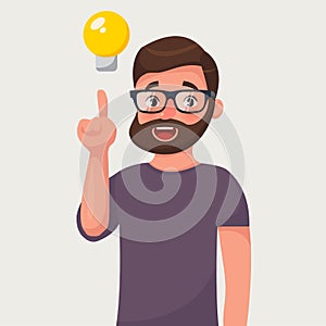 Manin with a raised finger and bulb. Concept of a idea. Vector illustration in cartoon style. Concept of a idea.