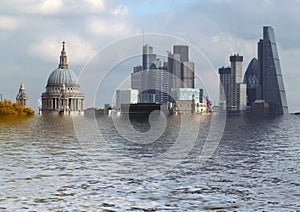 A manipulated conceptual image of the city of london with historic buildings flooded due to global warming and rising sea levels