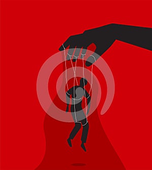 Manipulator concept vector illustration. Puppet master hand manipulate man silhouette. Control domination exploitation