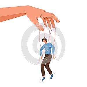 Manipulator concept vector illustration. Puppet master hand manipulate man via ropes. Control domination exploitation