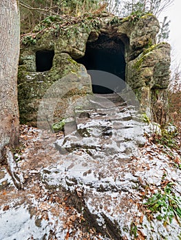 Manmade cave in sandstone rock. Kost castle,   Bohemian Paradise