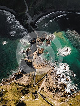 Manmade stairs in San Juan de Gaztelugatxe. Basque Country. Top view from drone.