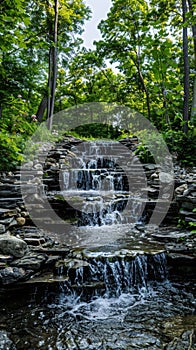 Manmade waterfall in a lush forest setting