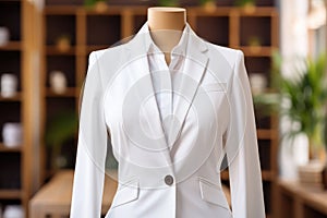 Mannequin in a clothing store dressed in a white women\'s business suit. Shopping concept