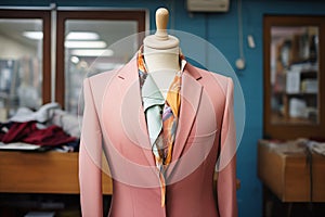 a mannequin draped with a partially sewn jacket