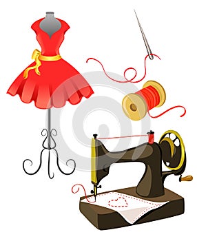 Mannequin, dress, sewing machine isolated