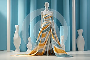 A mannequin dressed in a white and orange dress
