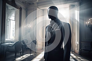 Mannequin in a fashion store wearing a black suit and gold necklace