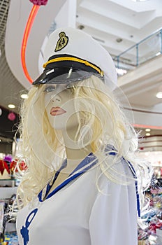 Mannequin girl blonde clothing for sailors with cap